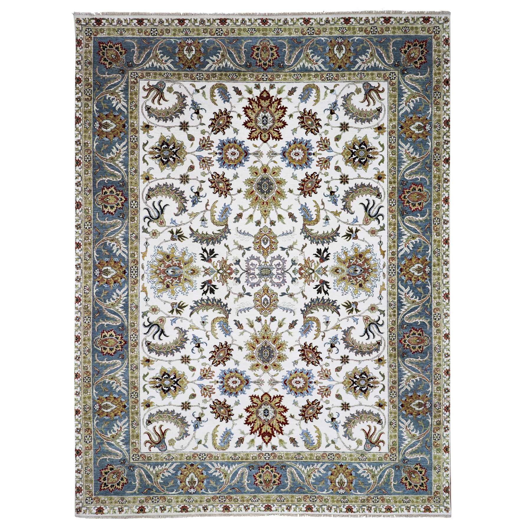 Decorators White and Azure Blue, Hand Knotted Agra Scroll and Large Leaf Design, Soft and Shiny Wool, Vegetable Dyes Oriental Rug